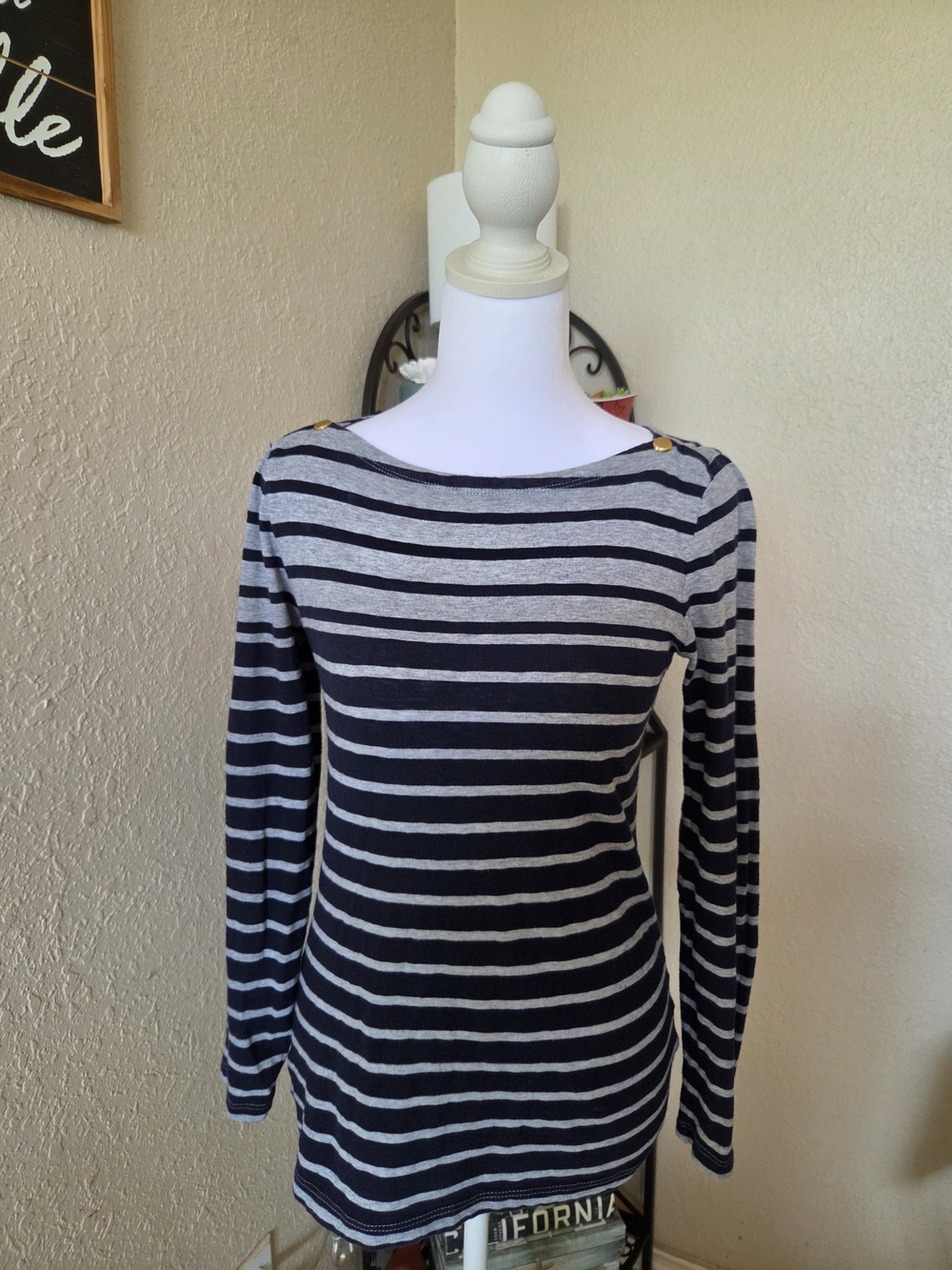 J. Crew Navy and Light Gray Striped Long-Sleeve Top with Gold Shoulder Buttons